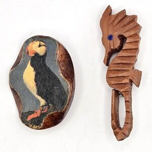 Vintage Hand Carved Wood Seahorse and Decoupage Puffin Bird Brooch Pin Lot of 2
